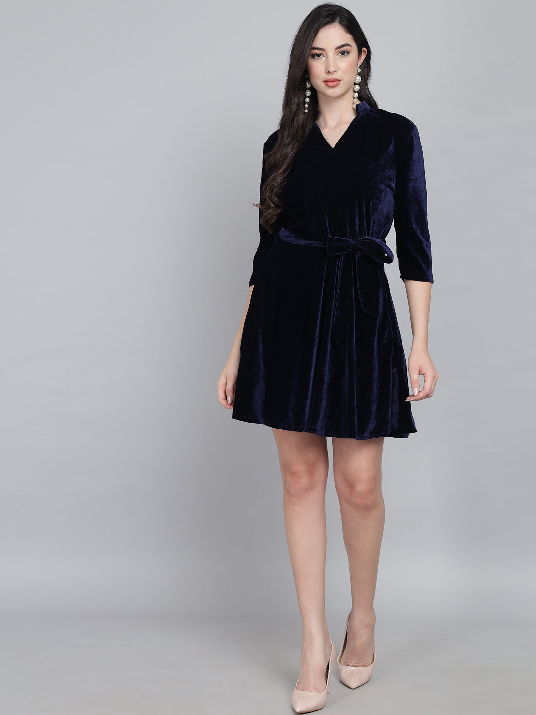 A-Line Quarter Sleeves V-Neck Party Dress Dark Blue