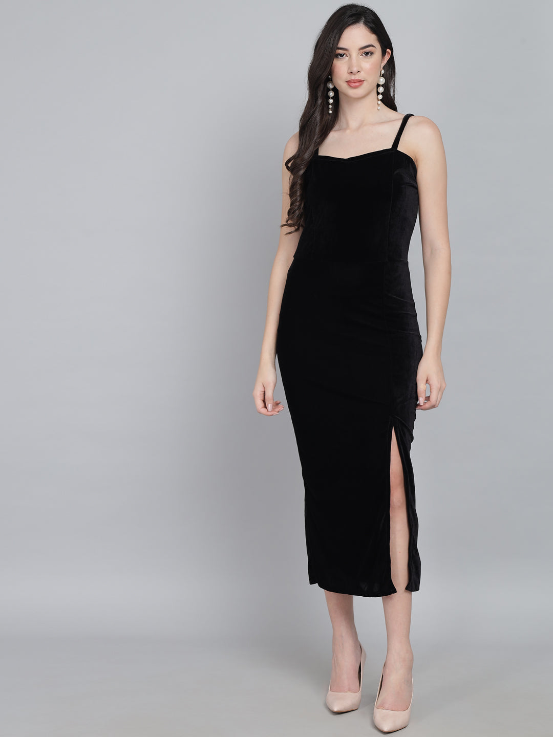 Maxi Sleeveless Velvet Square Neck Bodycon Dress Black