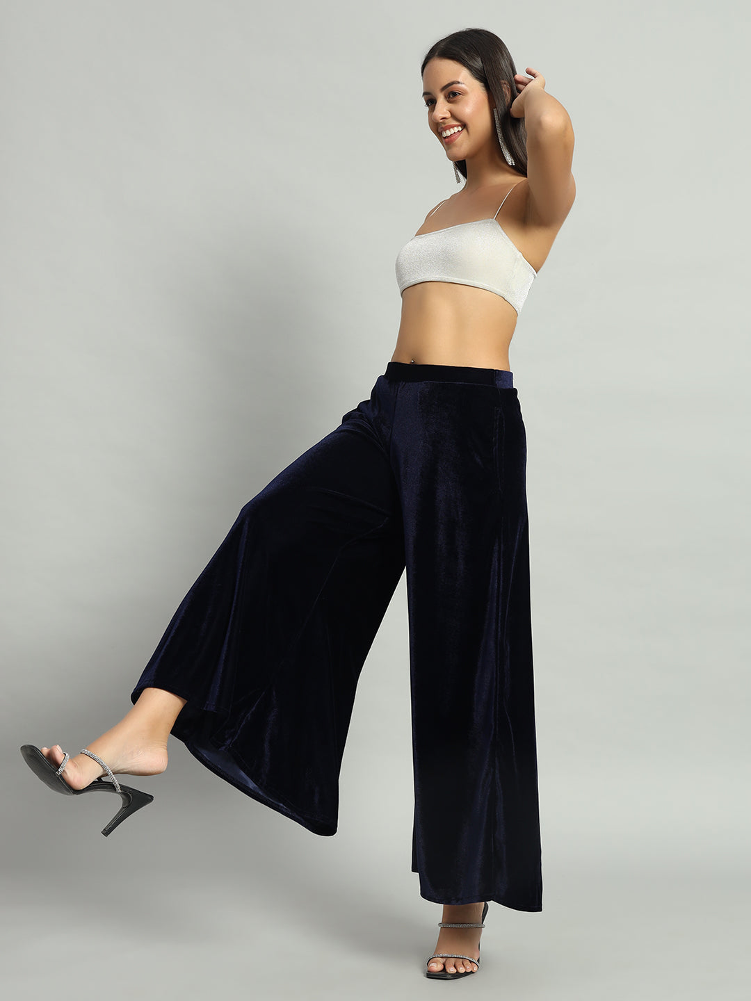 Women Velvet Wide Leg Palazzos Navy Blue