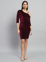 Velvet One Cold Shoulder Bodycon Party Dress Sporty Maroon