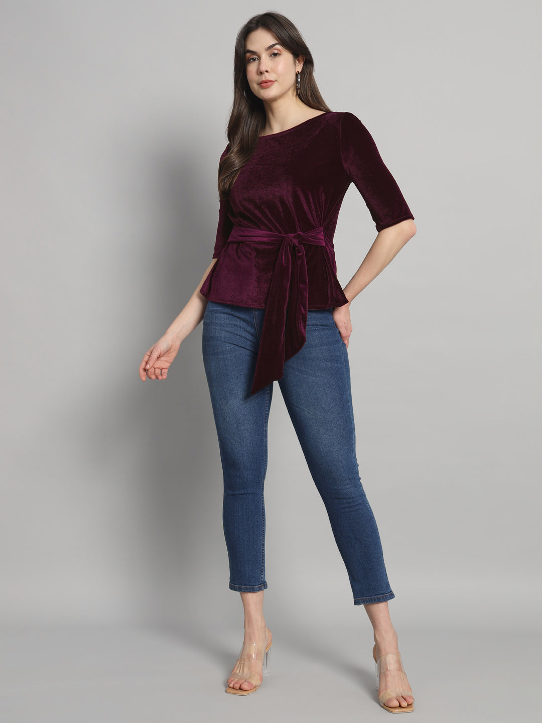 Half Sleeeves Front Tie Waistband Party Top Maroon