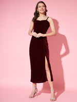 Maxi Sleeveless Velvet Square Neck Bodycon Dress Sporty Maroon