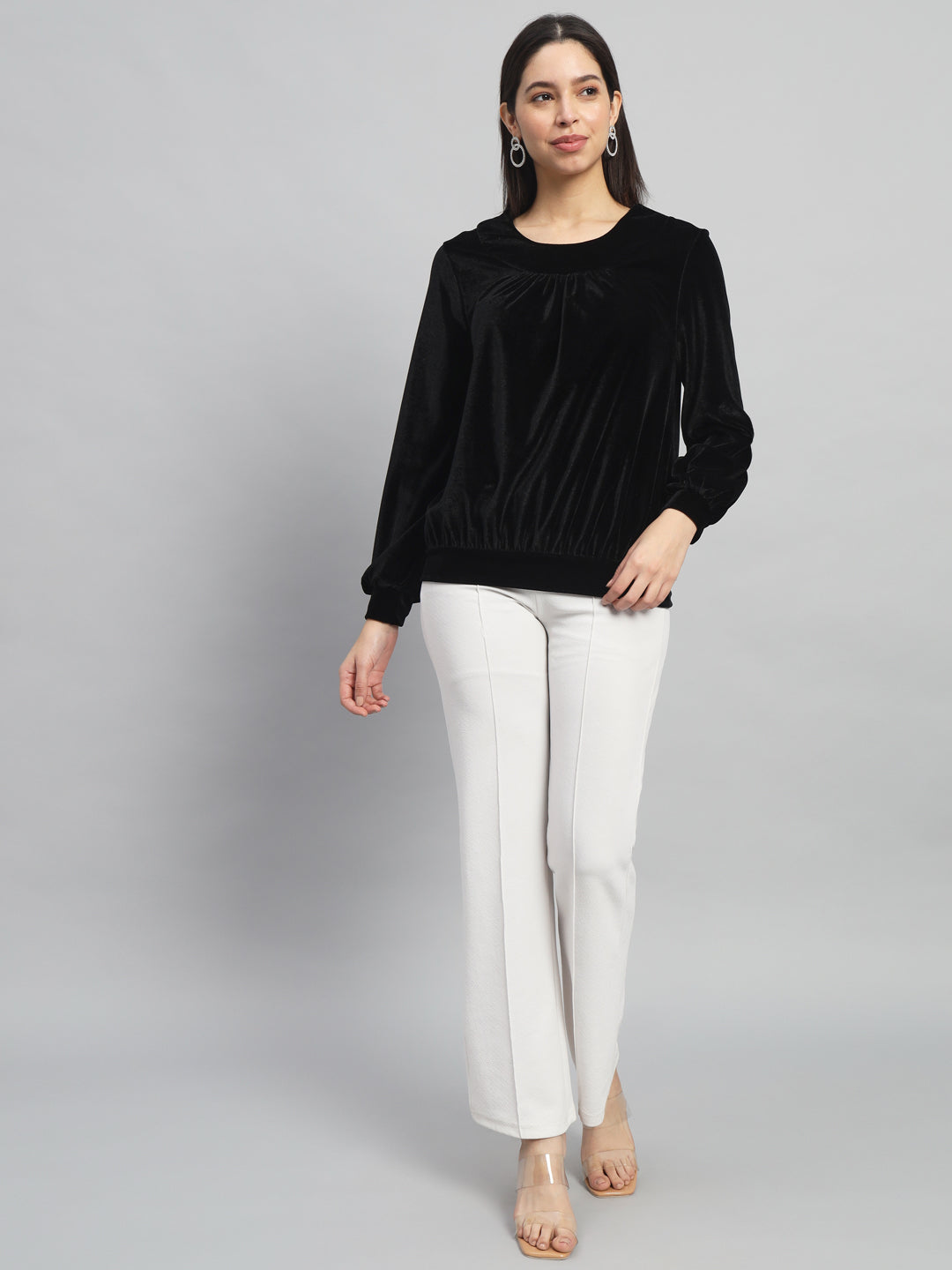 Round Neck Puff Sleeves Blouson Top Black