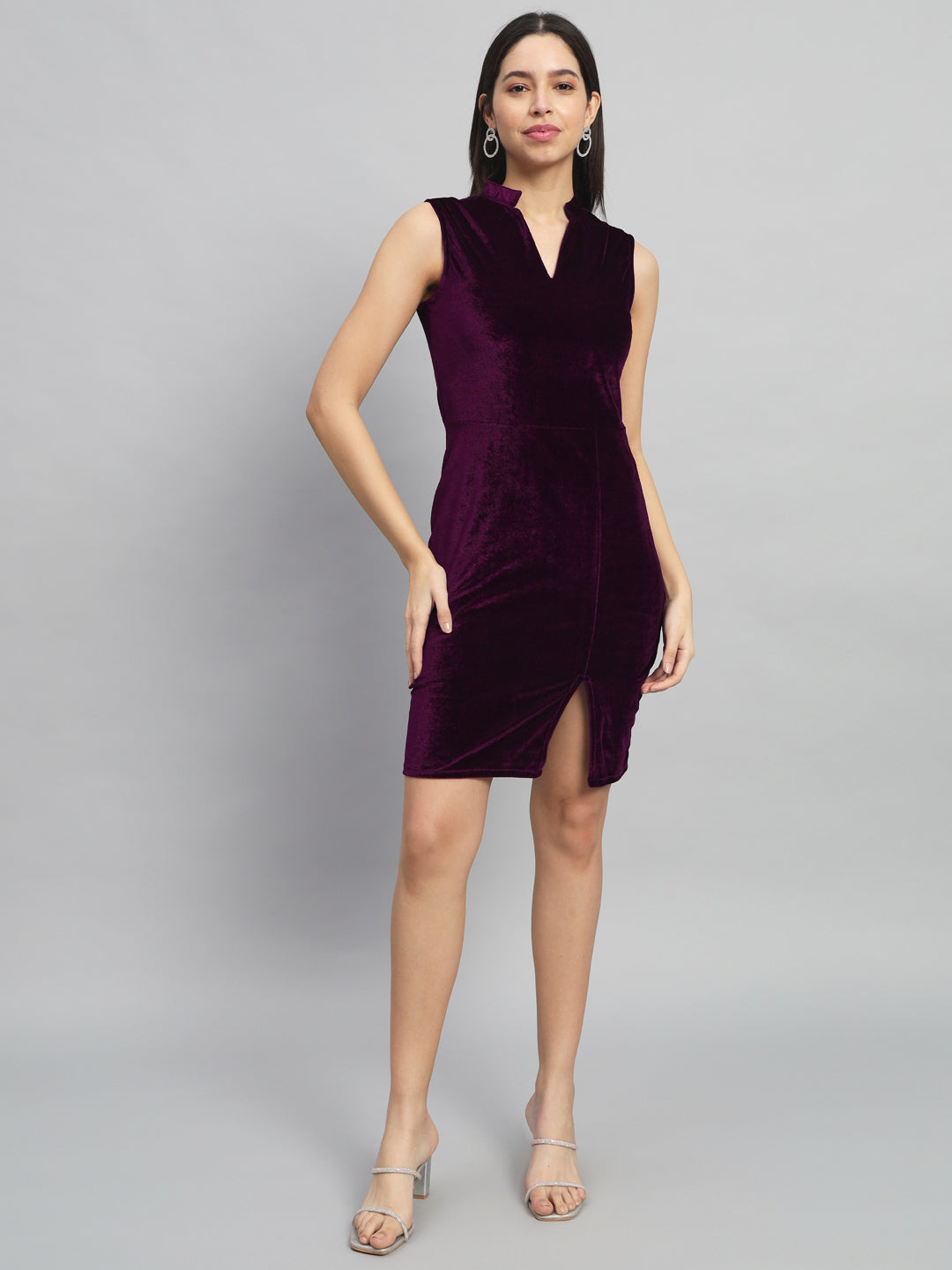 Mandarin Neck Sleeveless Bodycon Party Dress Wine