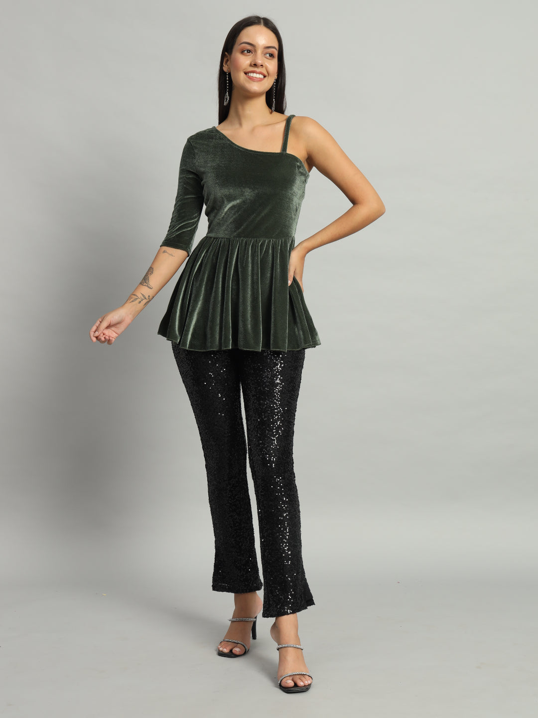 Solid One Shoulder Velvet Peplum Top