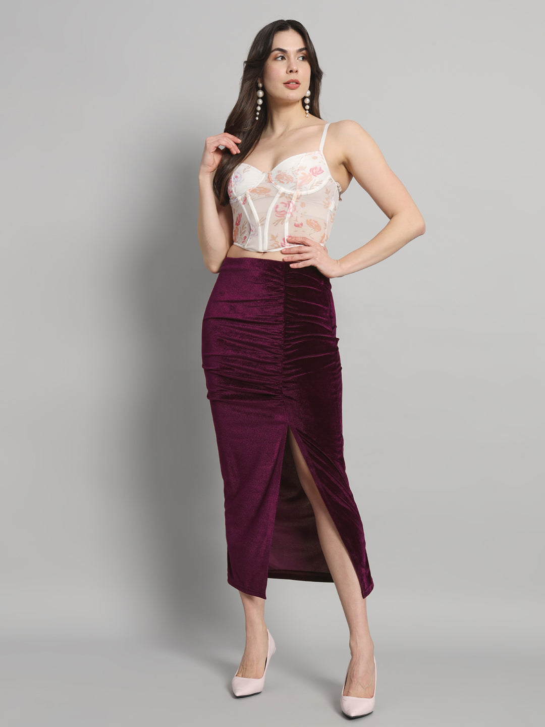 Ankle Length Long Ruched Party Skirt Maroon