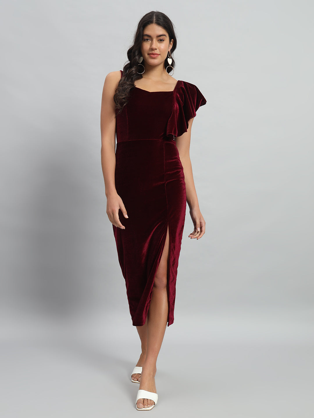 One Flared Sleeve Bodycon Party Dress Maroon