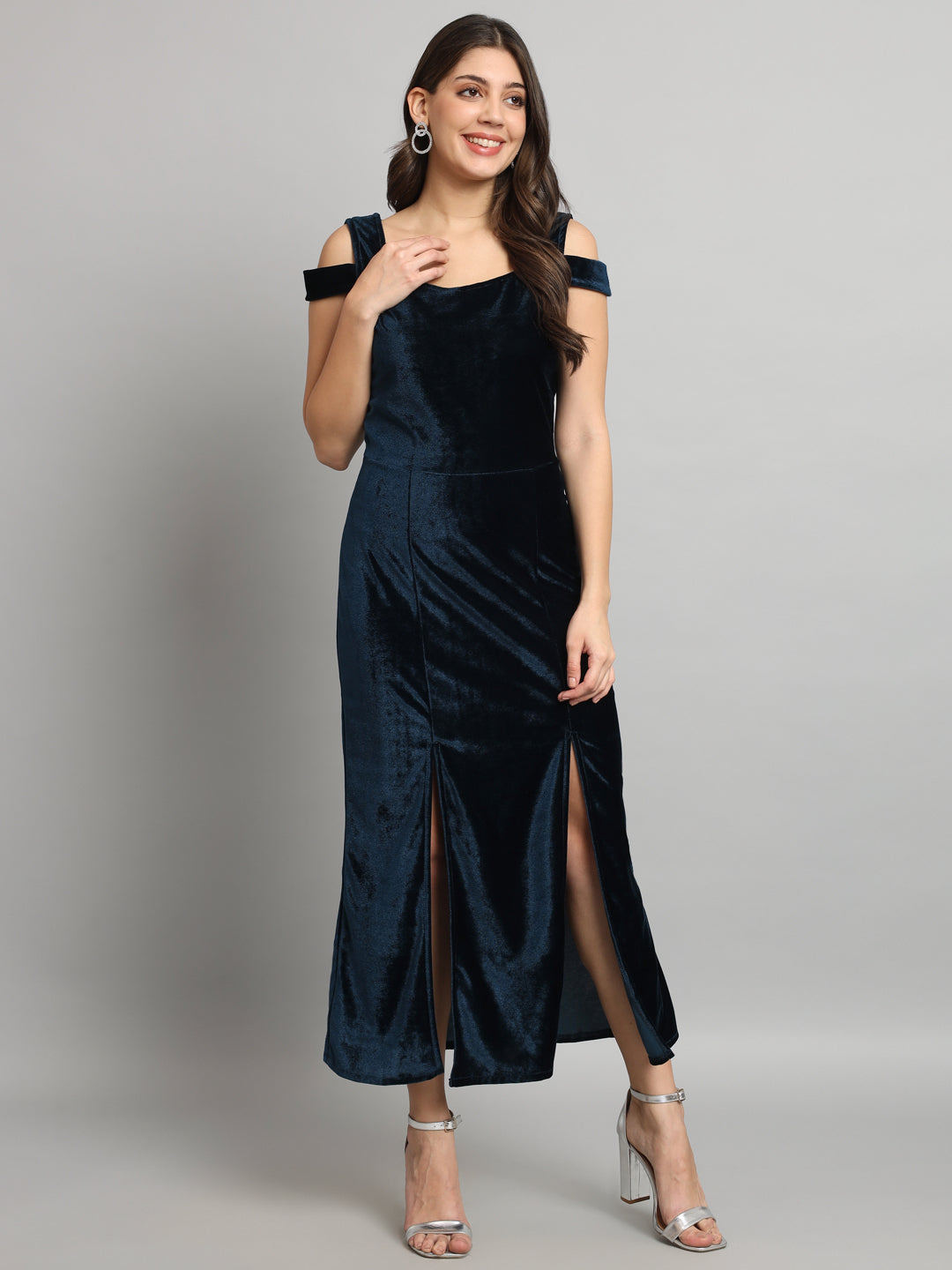 Maxi Style Cold Shoulder Bodycon Party Dress Peacock Blue