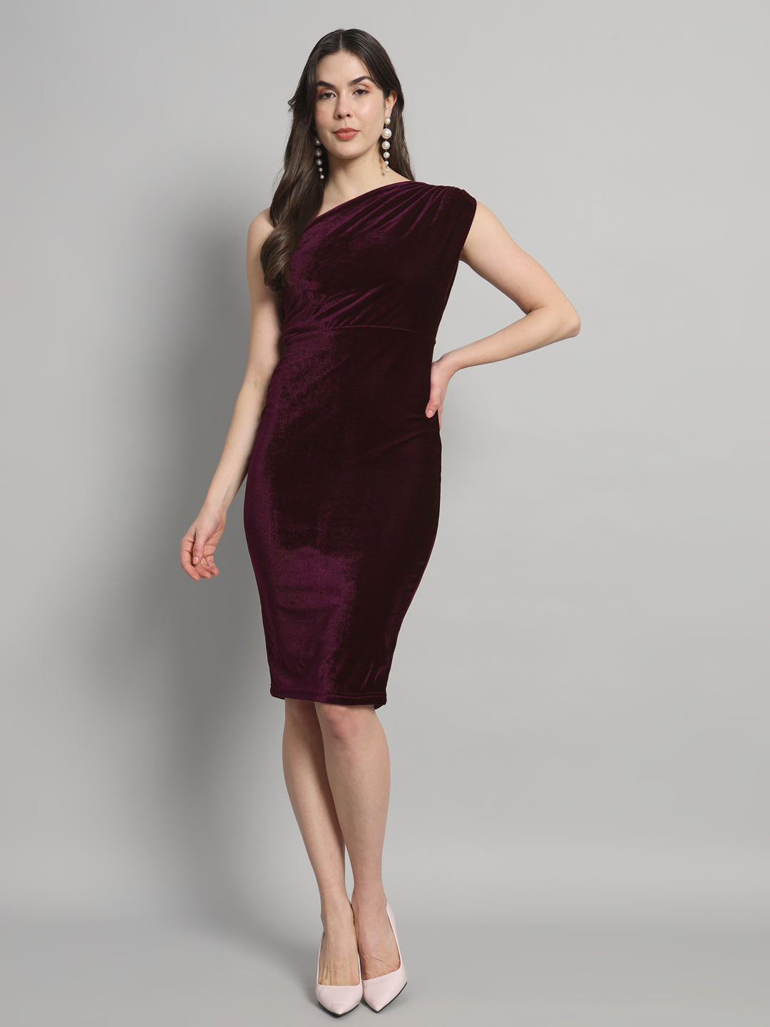 Back Slit Bodycon Party Dress One Shoulder Wine