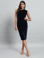 Back Slit Bodycon Party Dress One Shoulder Navy Blue