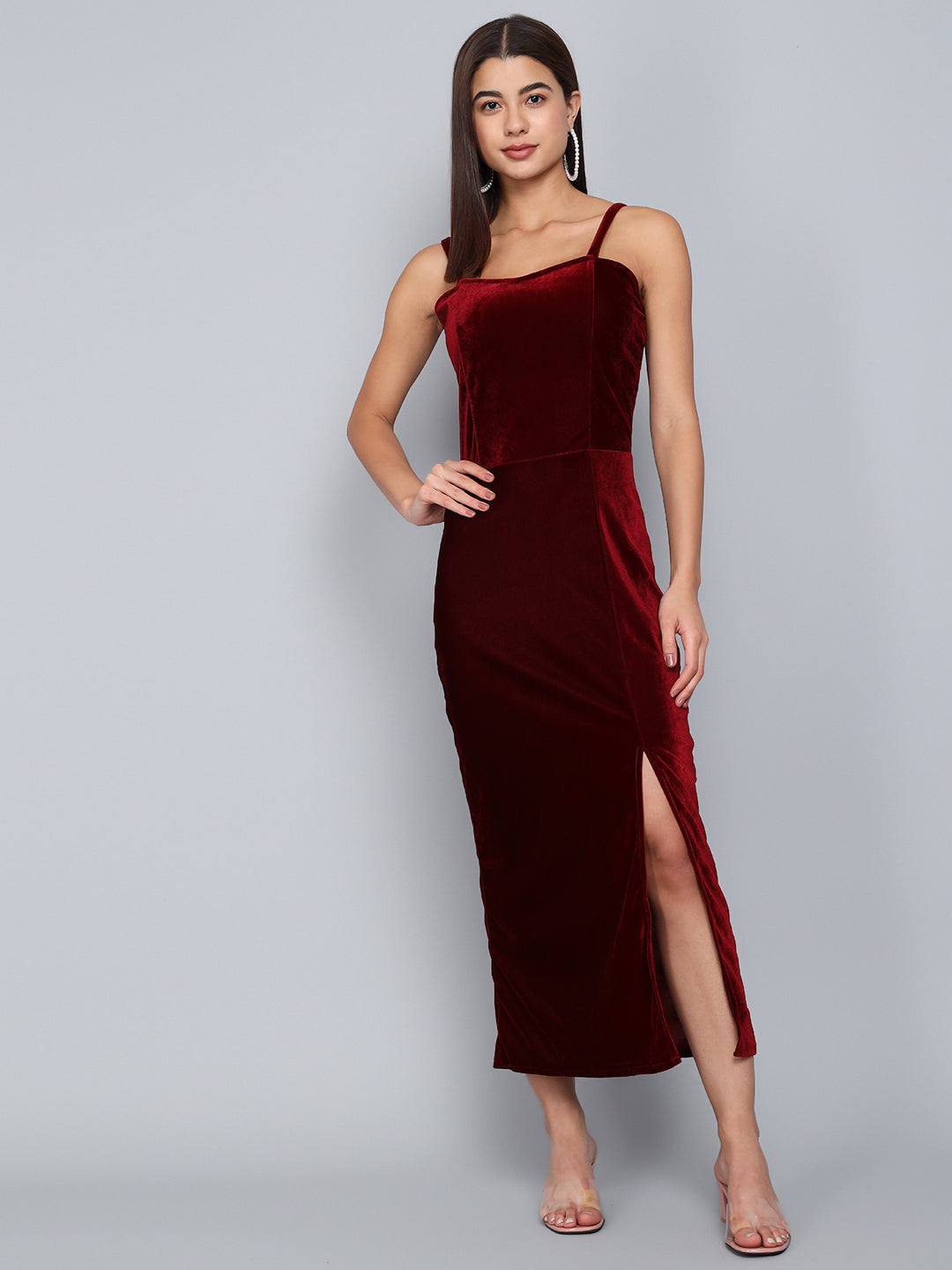 Maxi Sleeveless Velvet Square Neck Bodycon Dress Sporty Maroon