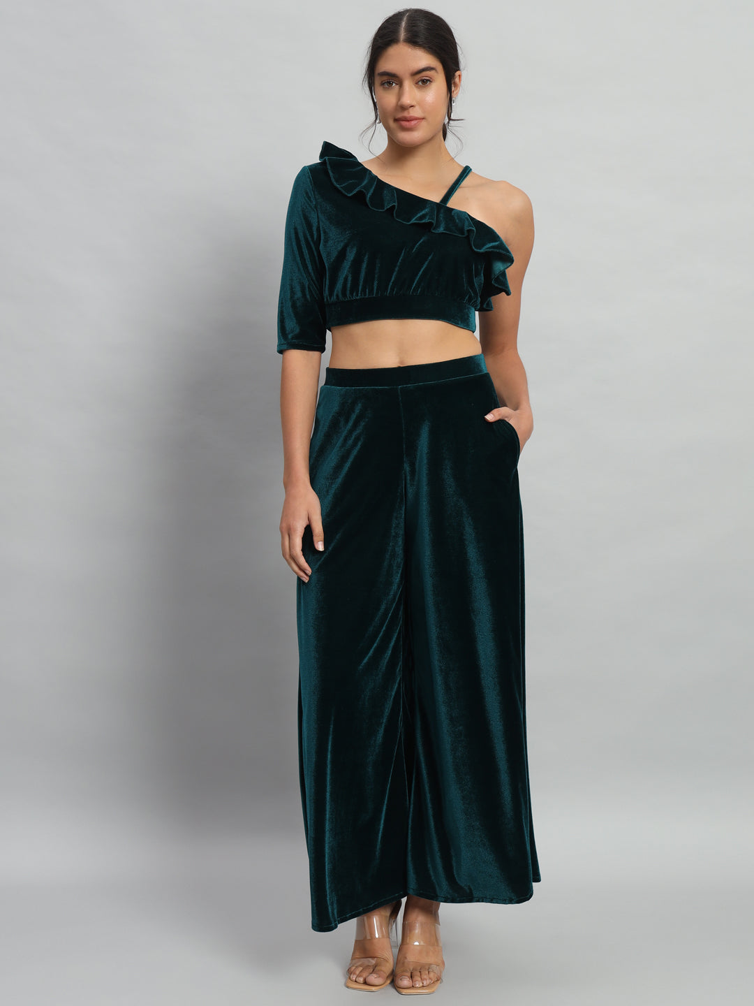 One Sleeve Crop Top with Palazzo Party Co-Ord Set Black