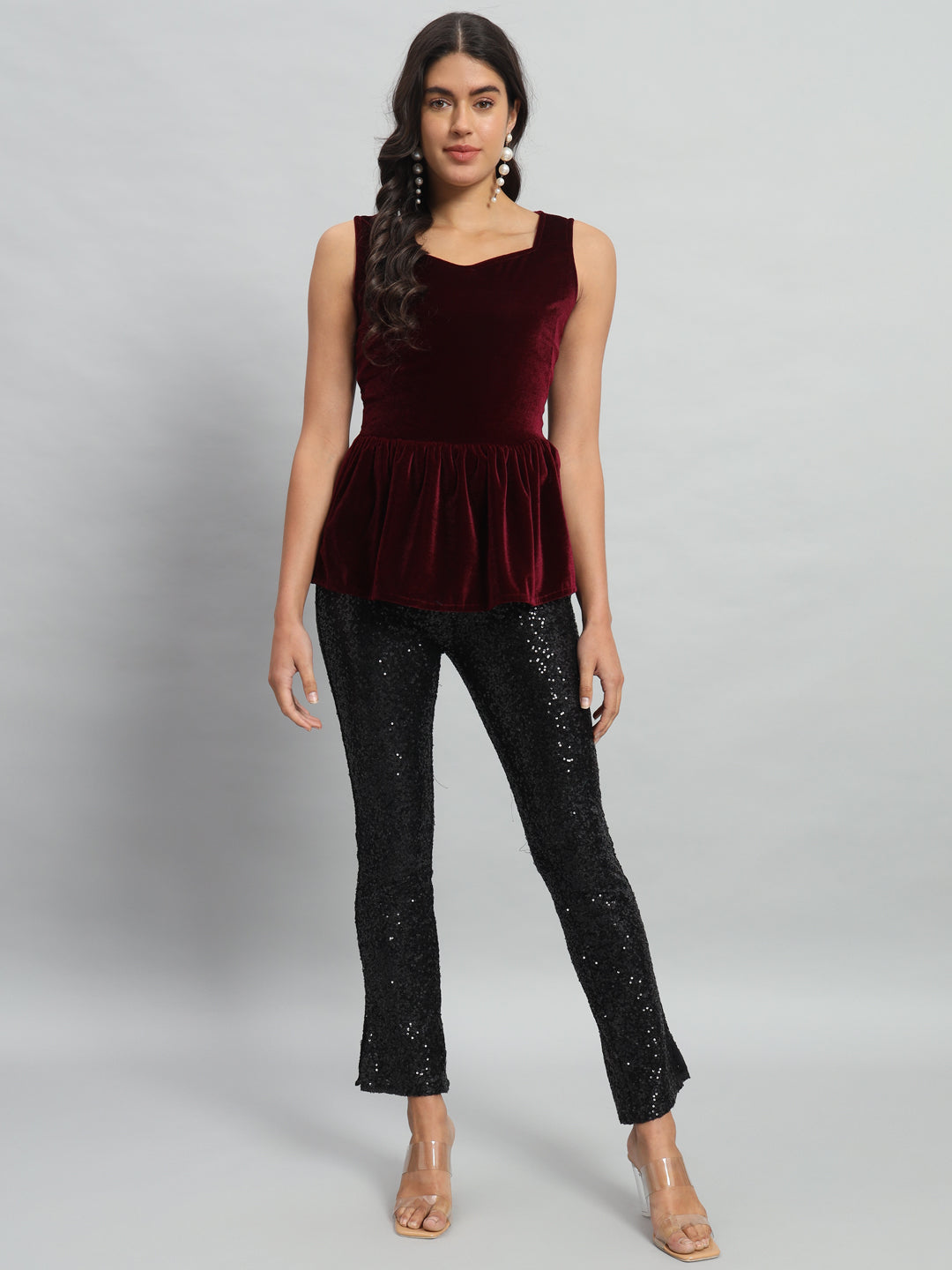 Waistline Ruffle Sleeveless Party Top Maroon