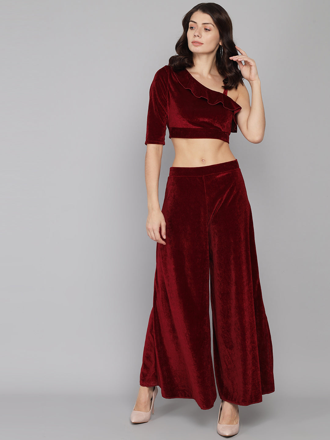 One Sleeve Crop Top with Palazzo Party Co-Ord Set Dark Maroon