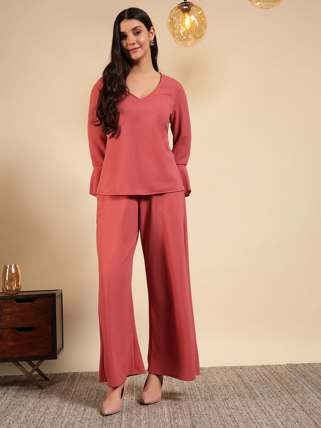 Flared Sleeve Top & Wide-Leg Pants Co-ord Set