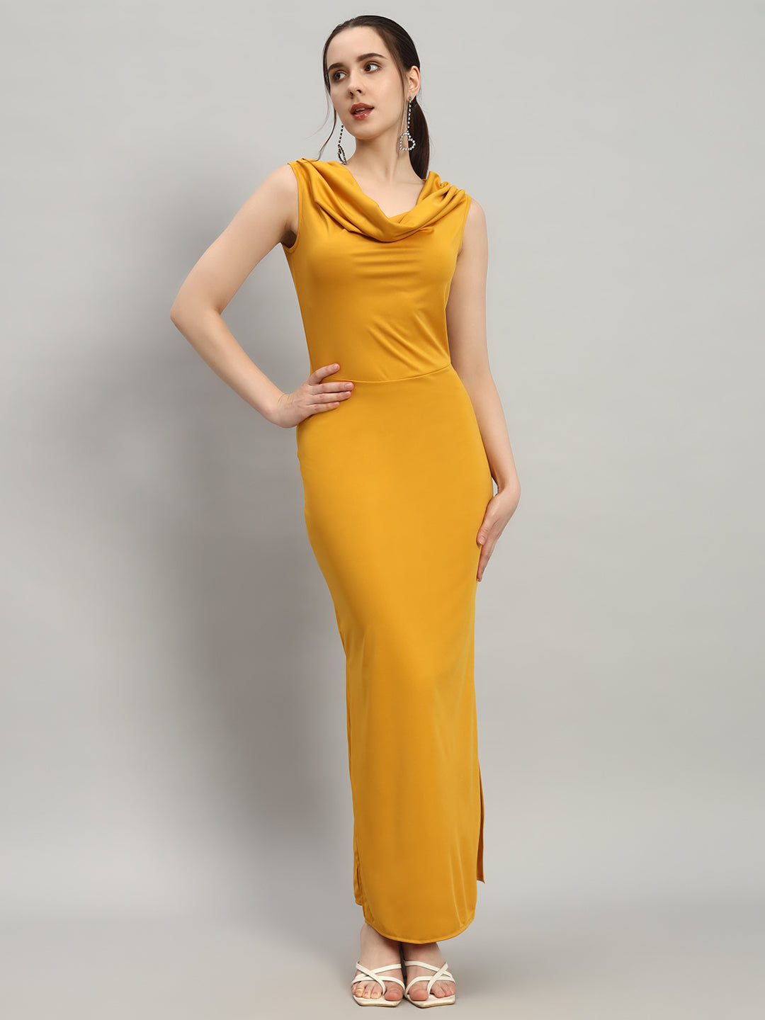 Lycra Cowl Neck Bodycon Maxi Sleeveless Party Dress Mustard Yellow