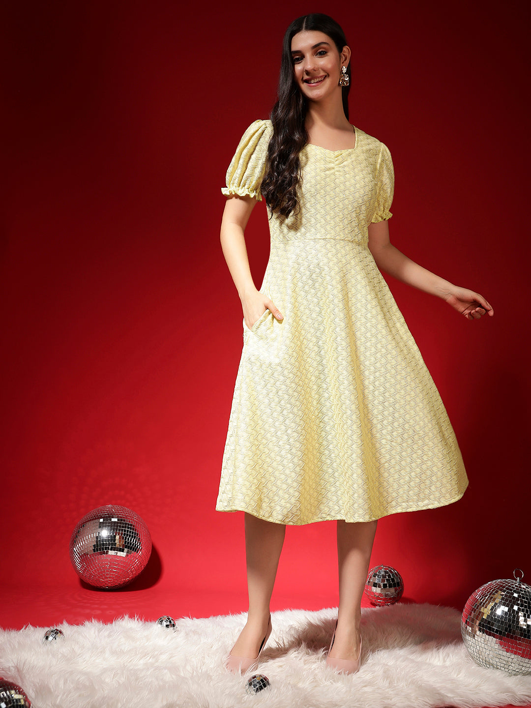 Textured Fit & Flare Midi Dress for Women with Two Side Pockets