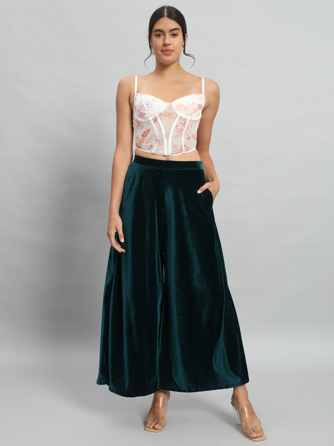 Women Velvet Wide Leg Palazzos Rama Green