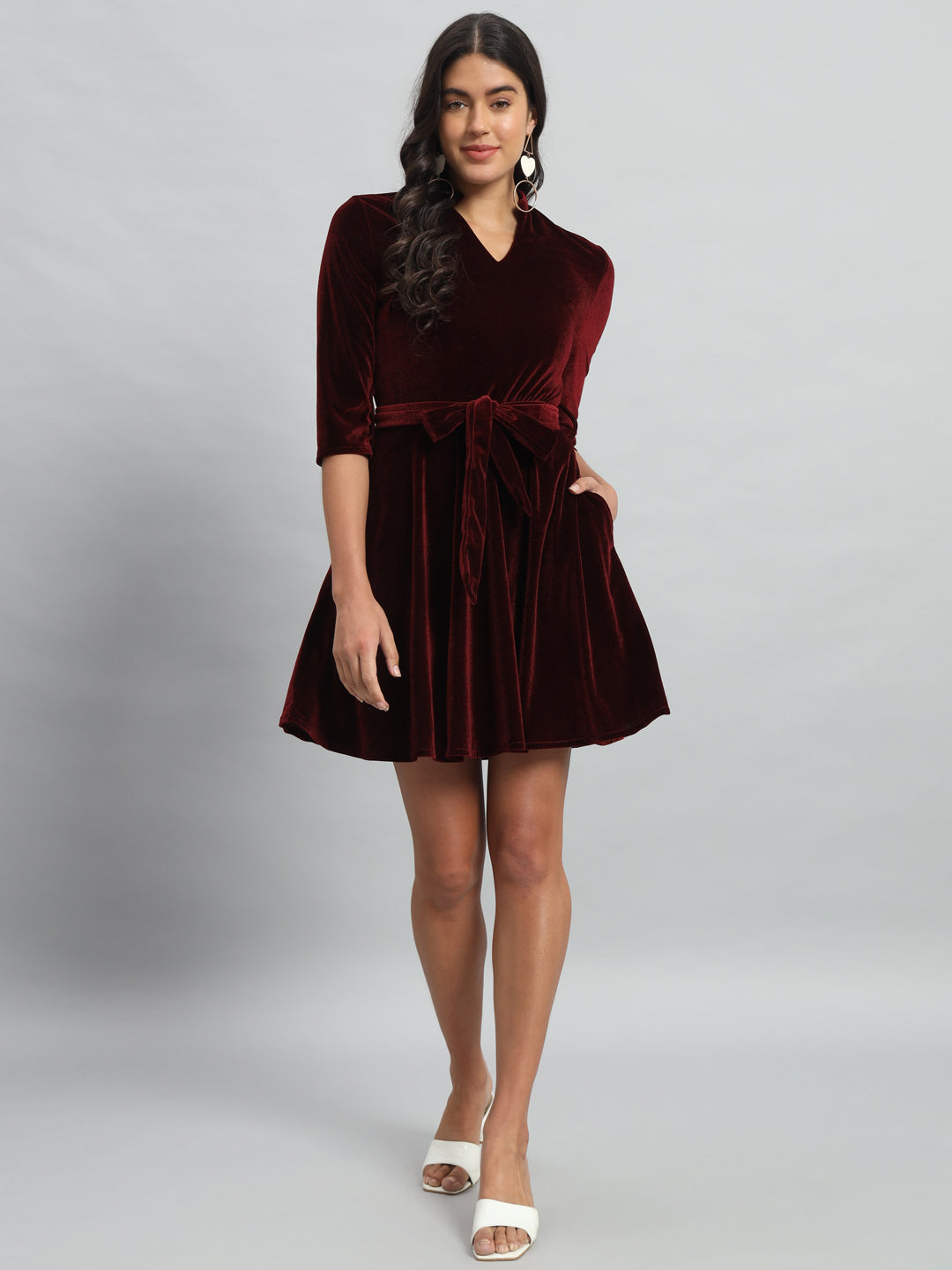 A-Line Quarter Sleeves V-Neck Party Dress Maroon