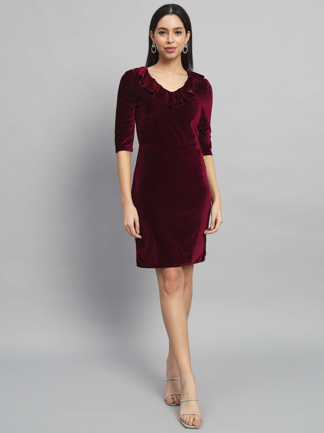 Half Sleeves Above Knee Party Dress Sporty Maroon