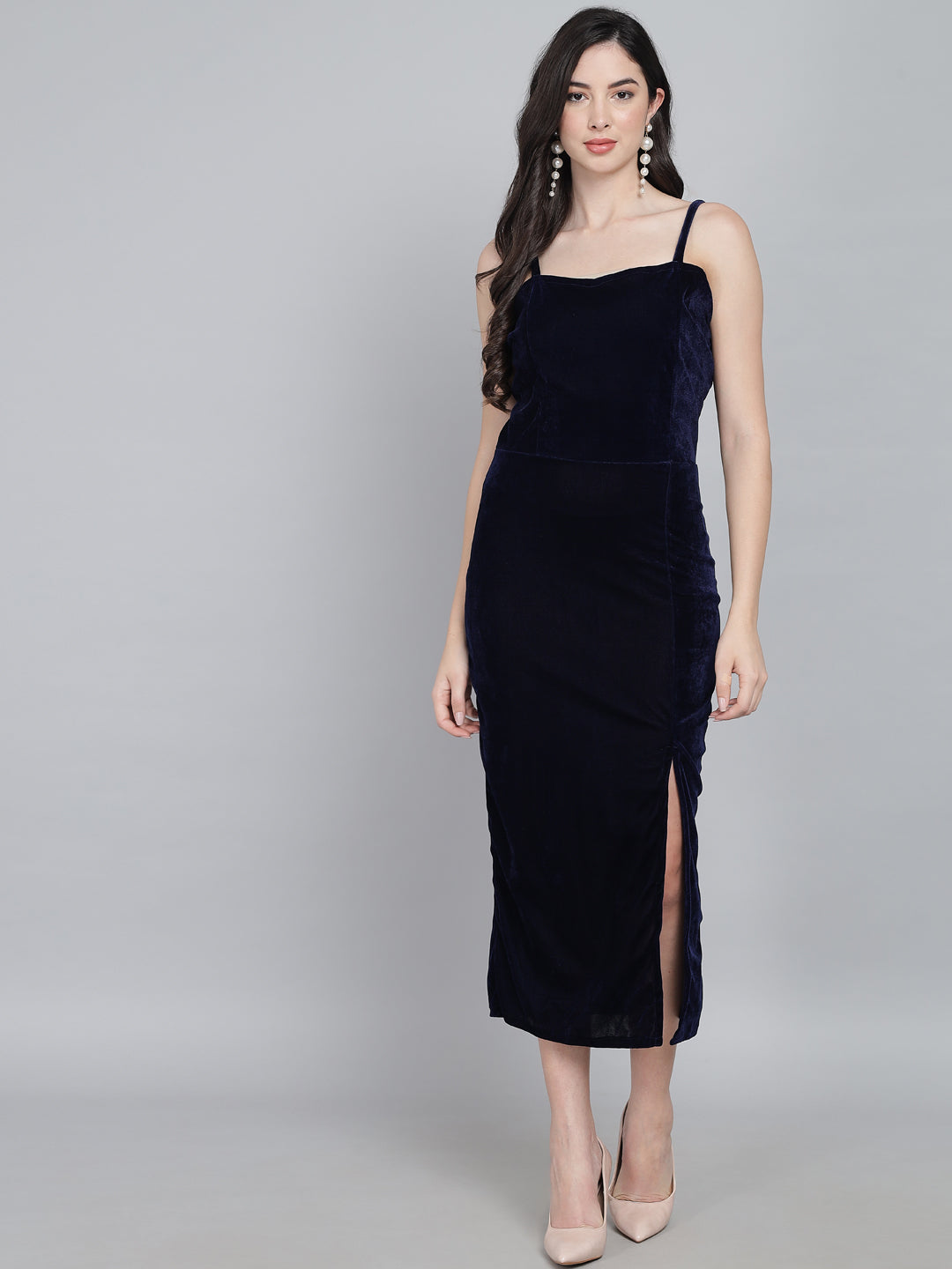 Maxi Sleeveless Velvet Square Neck Bodycon Dress Navy Blue