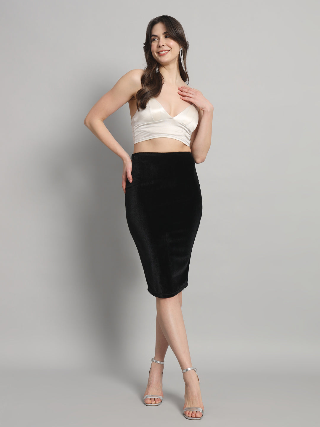 Back Slit nee Length Skirt for Women Black