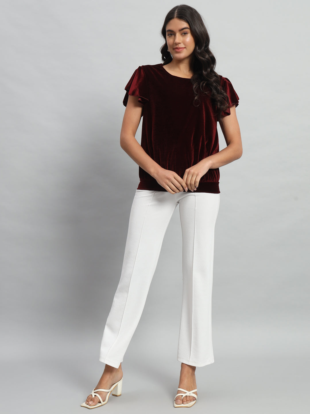 Short Sleeves Ruffles Stylish Party Top Maroon