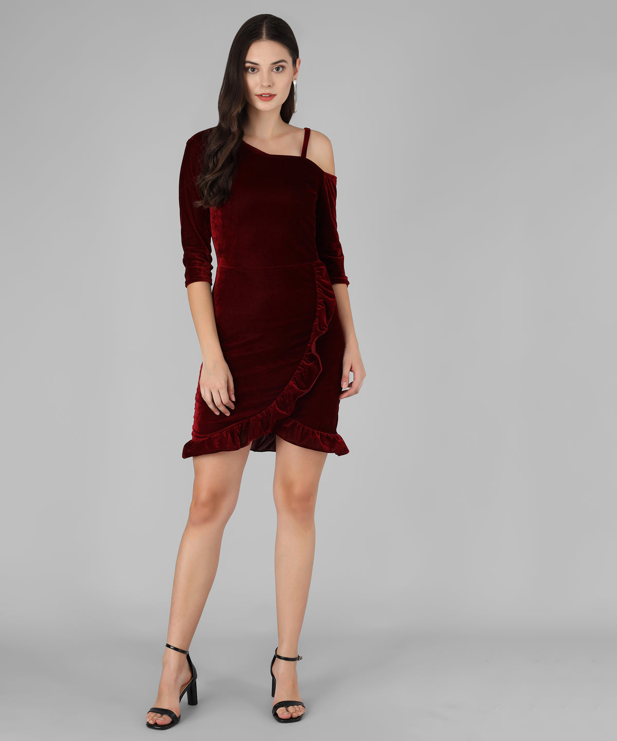 One Shoulder Bodycon Half sleeves Party Dress Maroon