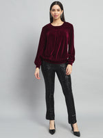 Round Neck Puff Sleeves Blouson Top Sporty Maroon