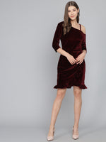 One Shoulder Bodycon Half sleeves Party Dress Dark Maroon