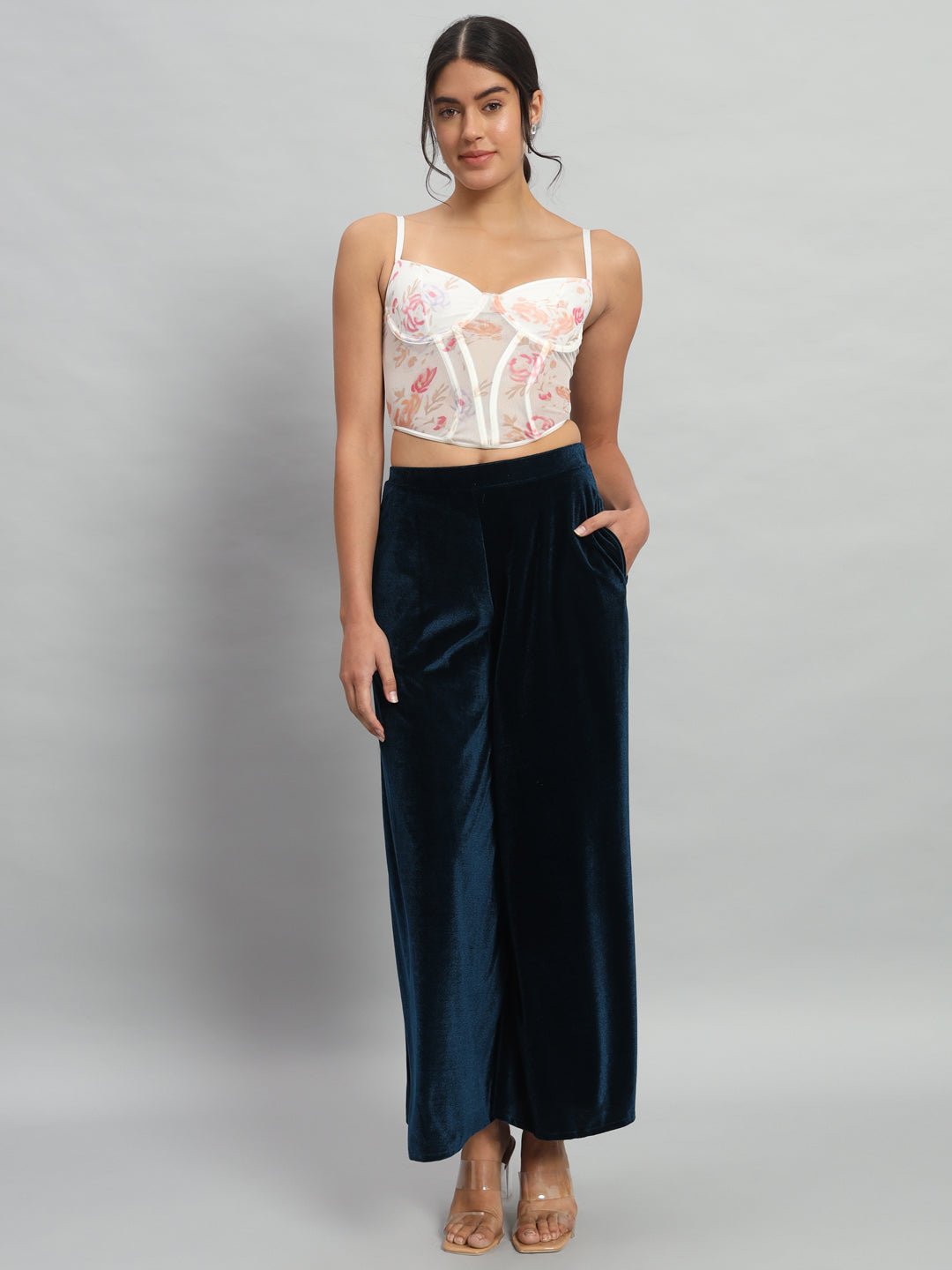 Women Velvet Wide Leg Palazzos Peacock Blue