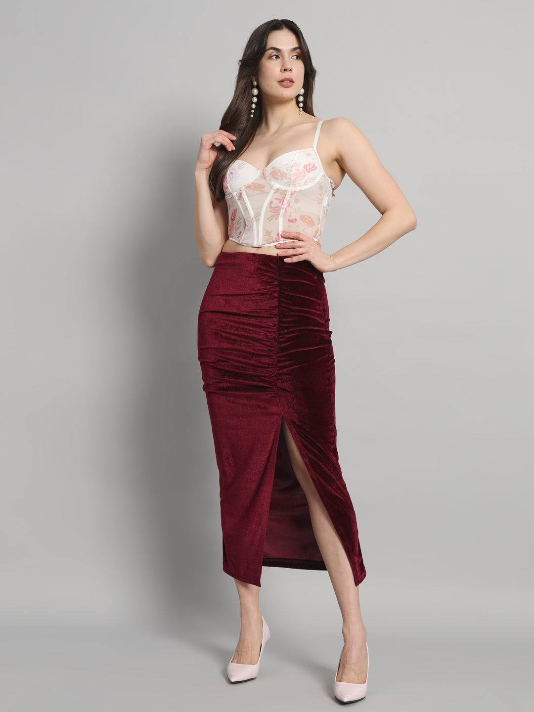 Ankle Length Long Ruched Party Skirt Maroon