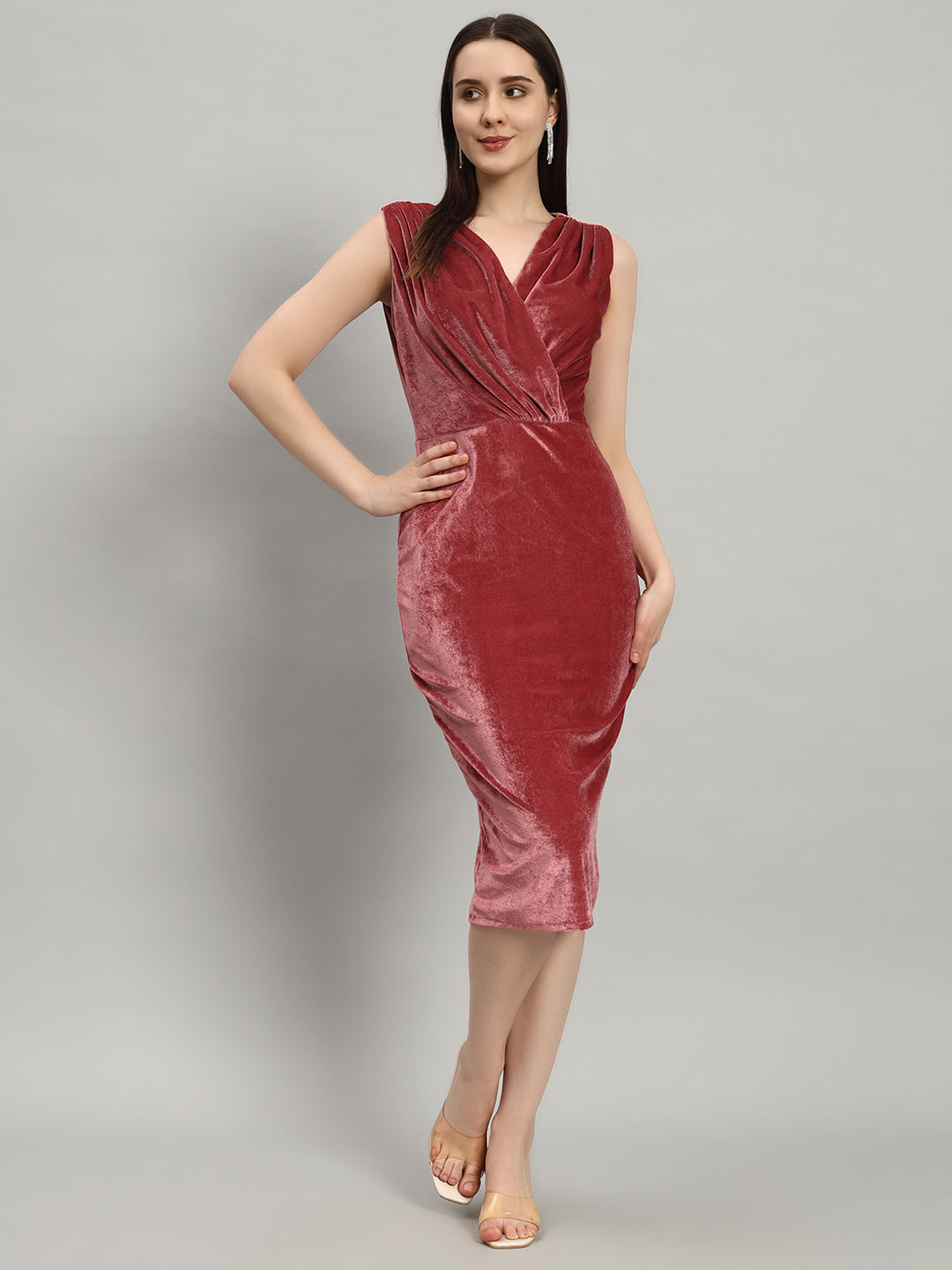 Deep V-Neck Shiny Velvet Sleeveless Party Dress Dark Peach