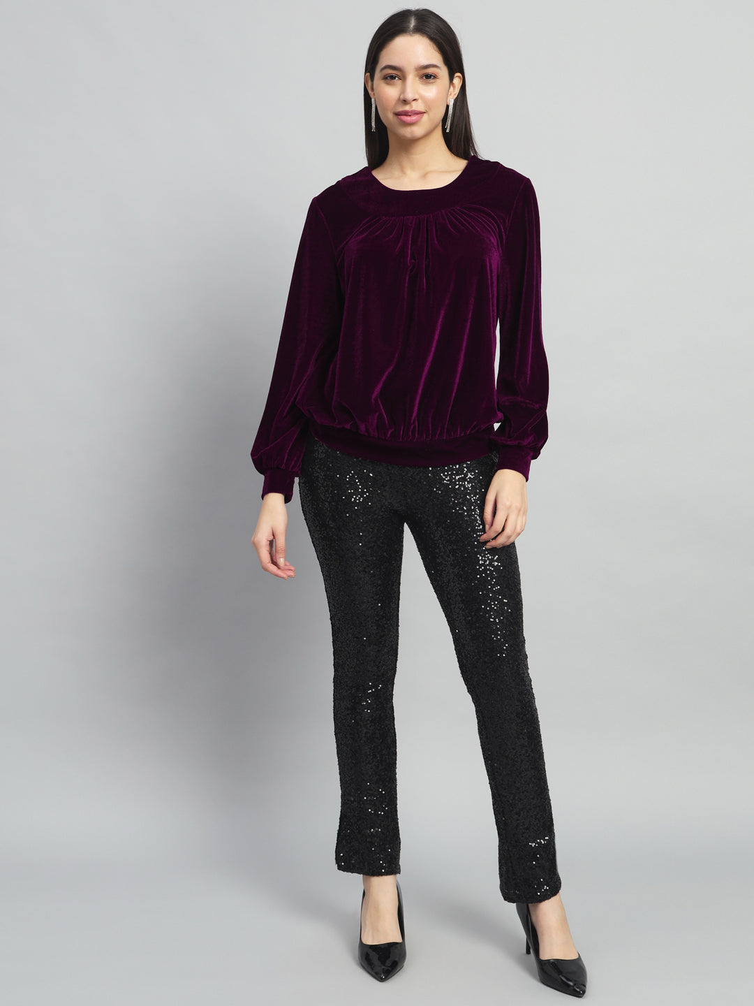 Round Neck Puff Sleeves Blouson Top Wine