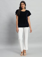 Short Sleeves Ruffles Stylish Party Top Navy Blue