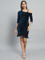 One Shoulder Bodycon Half sleeves Party Dress Peacock Blue