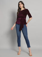 Half Sleeeves Front Tie Waistband Party Top Wine