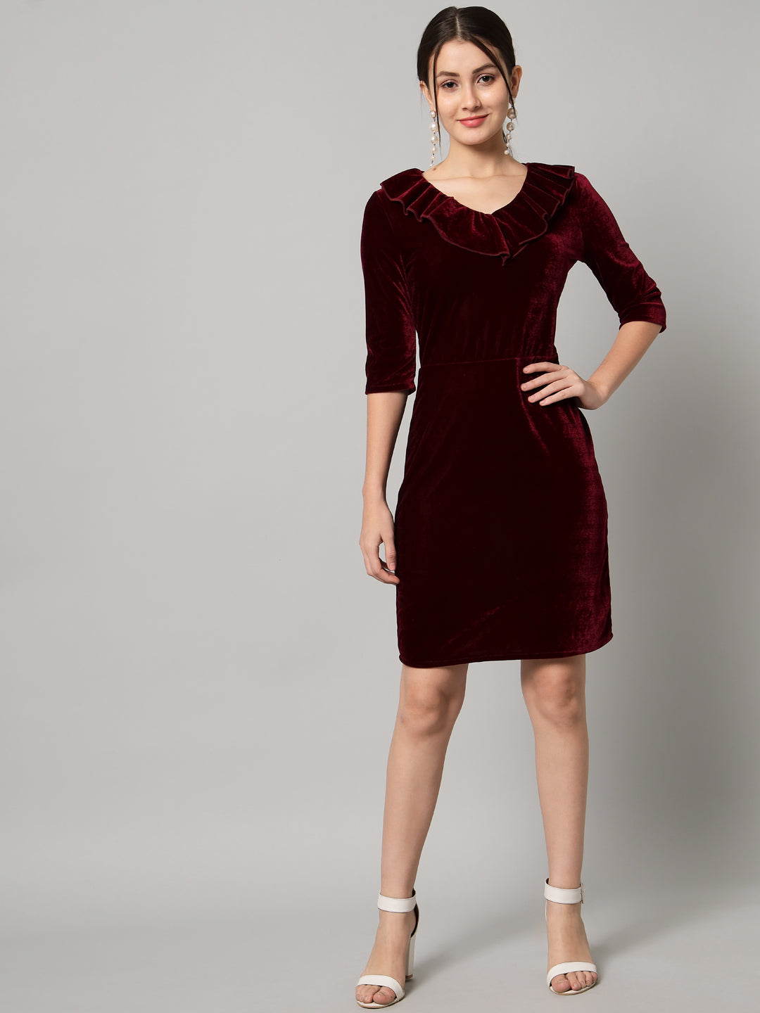 Half Sleeves Above Knee Party Dress Maroon