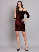 Velvet One Cold Shoulder Bodycon Party Dress Maroon