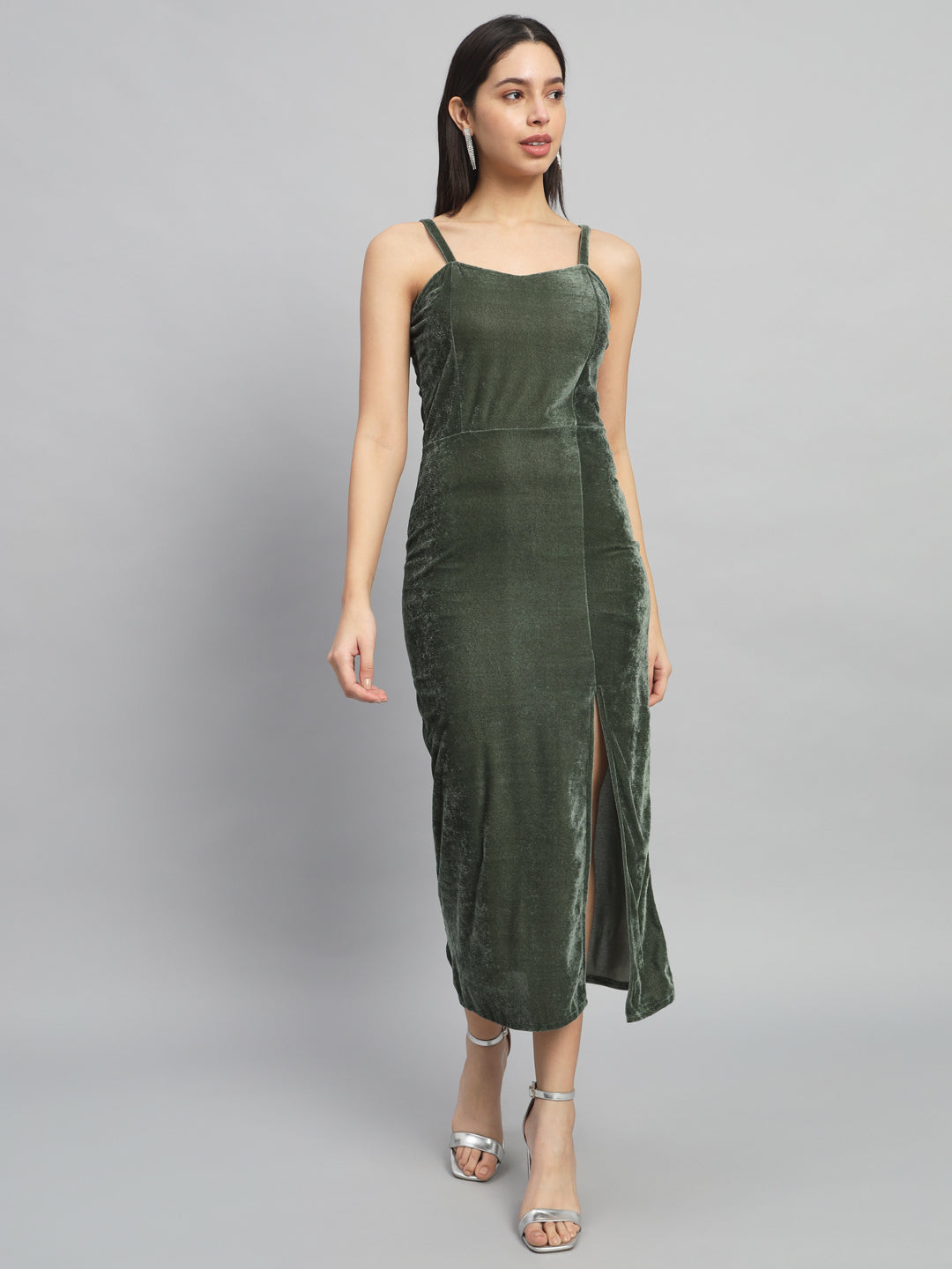 Maxi Sleeveless Velvet Square Neck Bodycon Dress Dark Olive Green