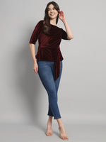 Half Sleeeves Front Tie Waistband Party Top Sporty Maroon