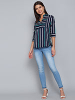 Crepe Multicolor Striped V-Neck Sleeves Stylish