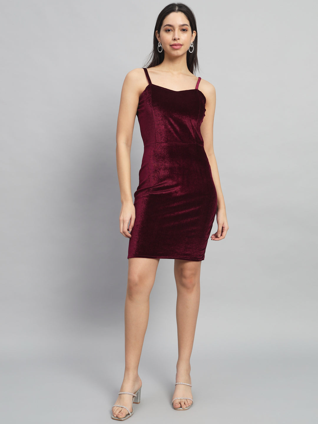 Shoulder Strap Sleeveless Bodycon Party Dress Maroon