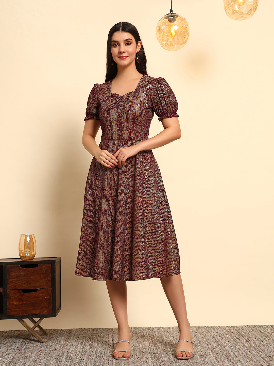Plum Gold Shimmer Fit & Flare Midi Dress