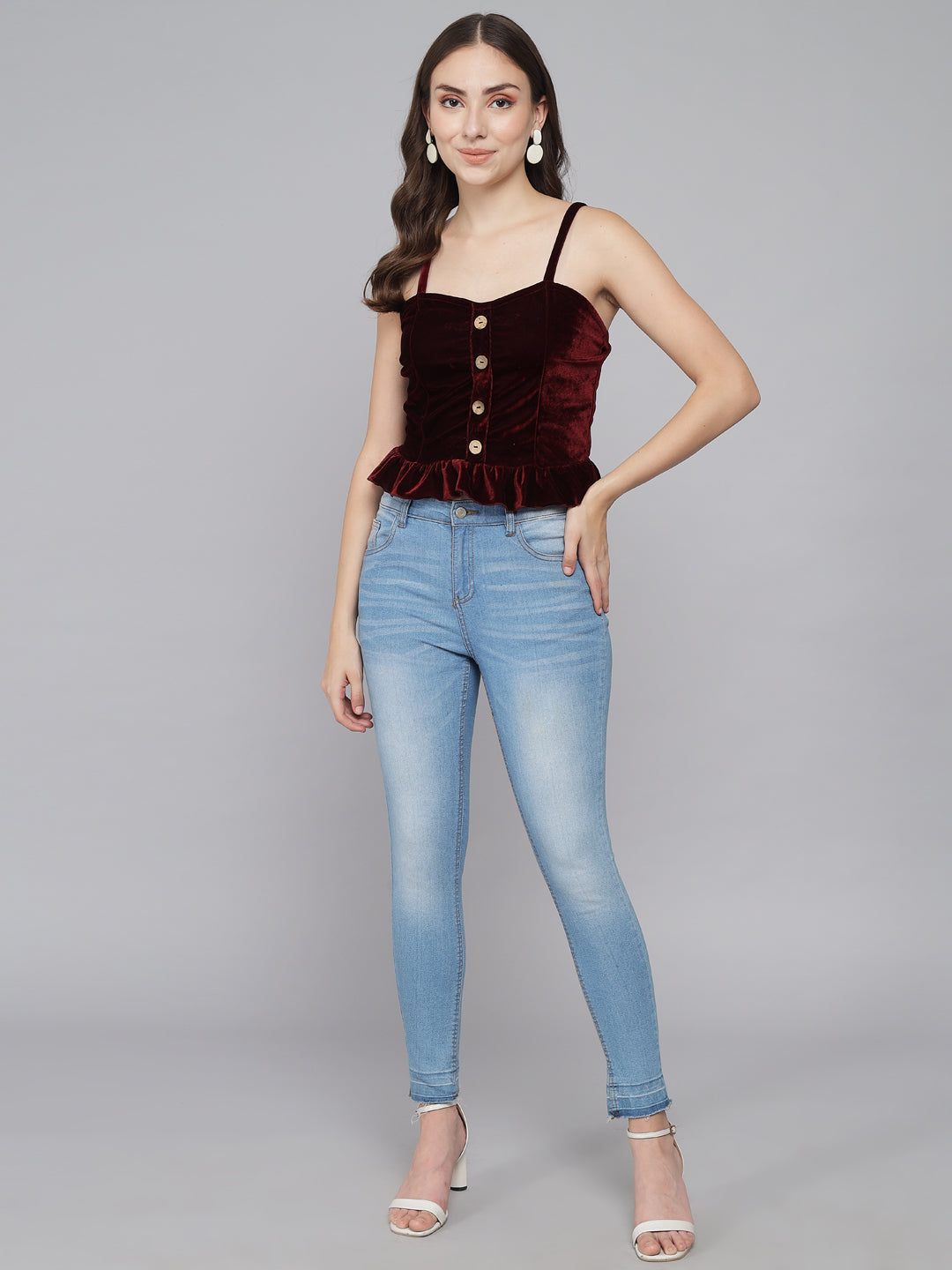 Hemline Ruffles Sleeveless Party Crop Top Maroon