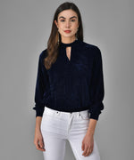 Keyhole Choker Neck Cuffed Sleeves Top Dark Blue