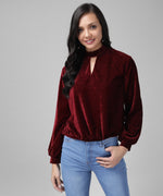 Keyhole Choker Neck Cuffed Sleeves Top Maroon