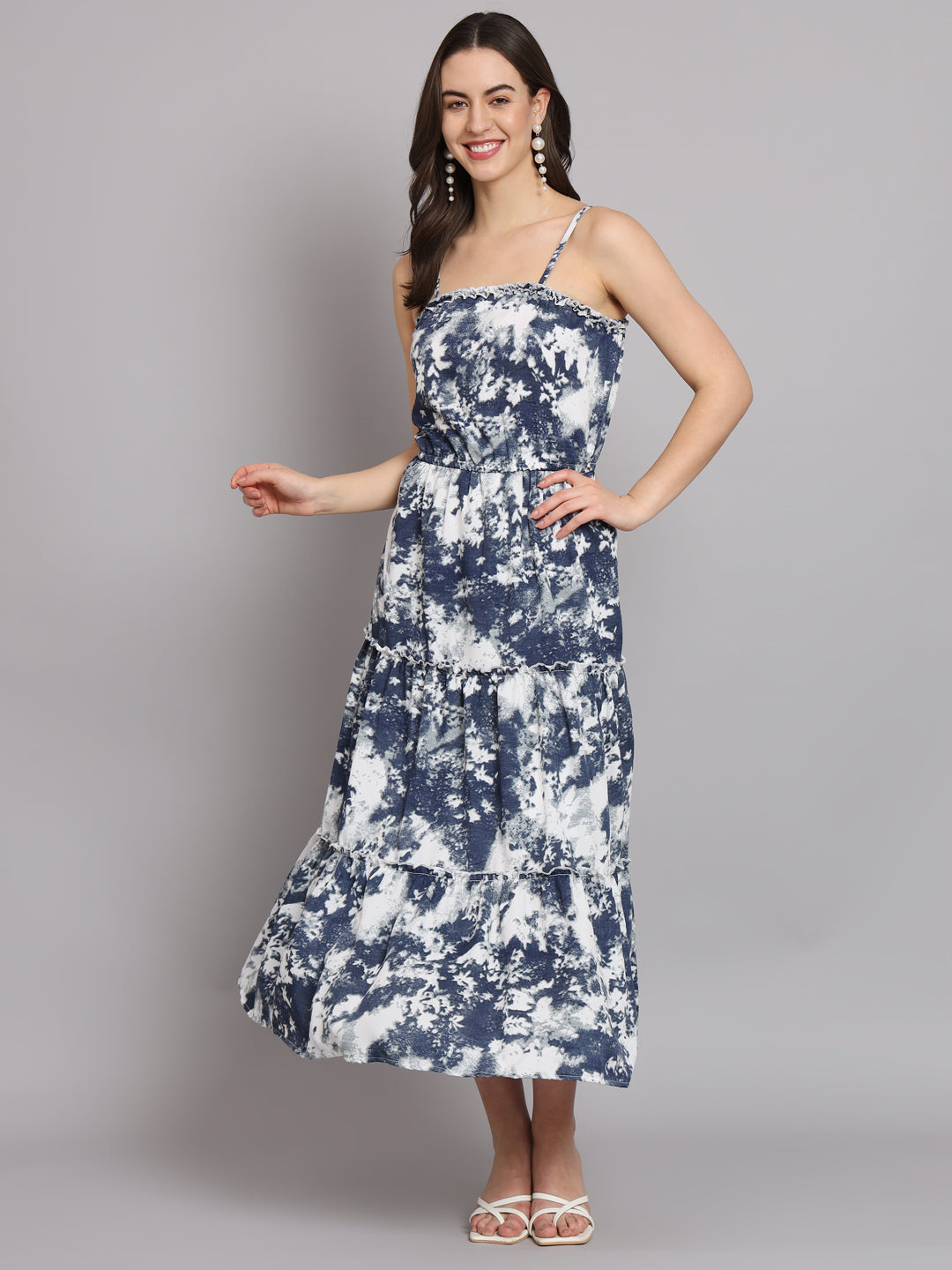 Tie & Dye Tiered A-Line Midi Sleeveless Dress for Women