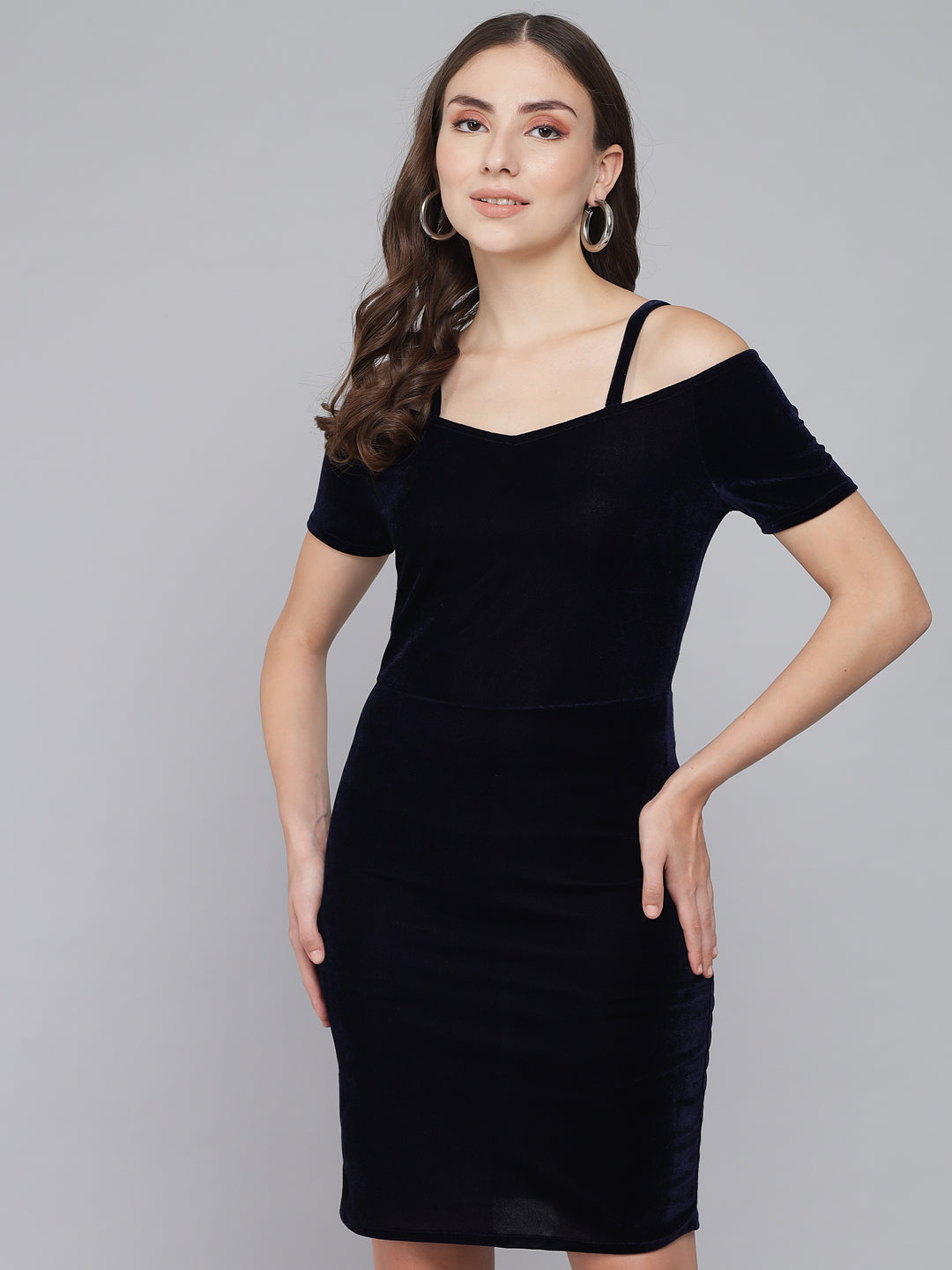 Short Sleeves Off-Shoulder Bodycon Party Women Navy Blue