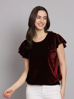 Short Sleeves Ruffles Stylish Party Top Maroon